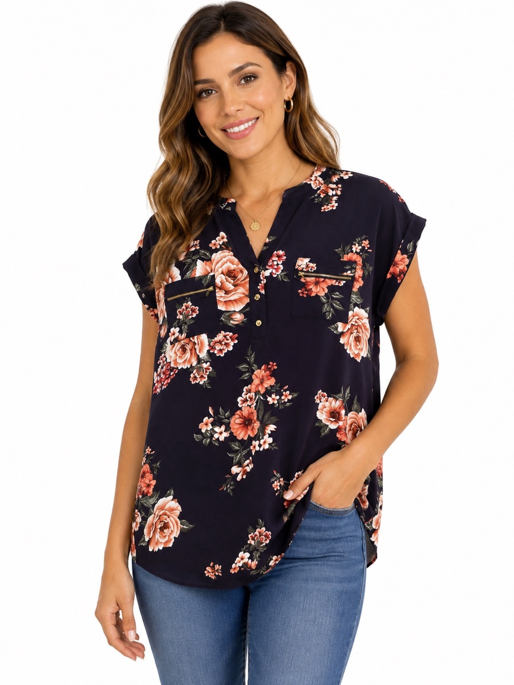 Sweet Wanderer Floral‎ Cuffed Sleeve Blouse, Size Medium